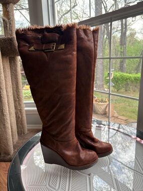 Michael Kors Calista Women's Brown Faux-Fur Trim Wedge Boots